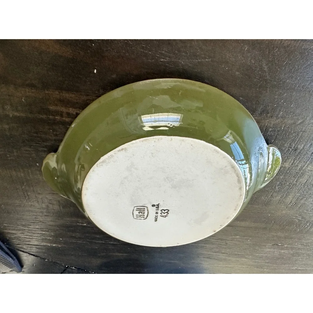 Hall China Olive Green Au Gratin Dishes Set of 2‎ Vintage Ceramic Bakers 433 434
